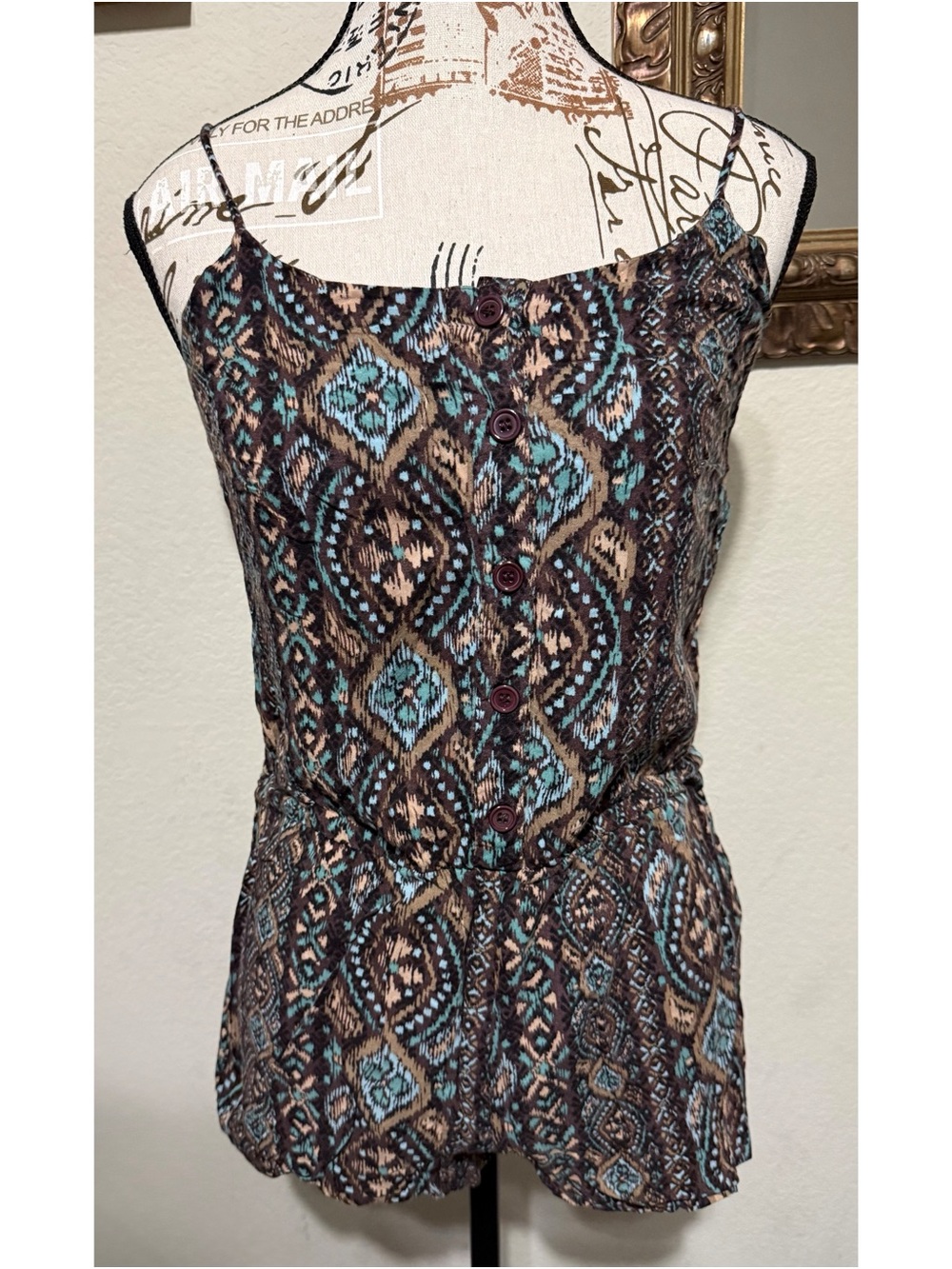 Sleeveless Button-Front Printed Romper in Brown & Teal